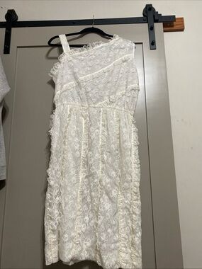 Vintage 70’s Handmade Asymmetric One-Shoulder Lace Midi Dress in Cream